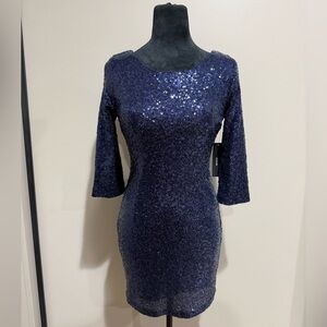 Lulu's Delightful Ways Midnight Blue Sequin Long Sleeve Holiday Party Dress